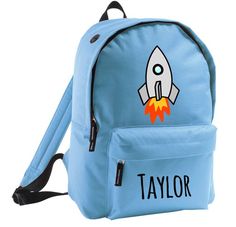 This is a handmade itemPlease allow up to 3 working days before despatch for all handmade orders.This Personalised Name Backpack is super cool and a really unique Birthday Gift For Boys. This Rocket Ship School Bag is perfect to buy for boys going back to school.Whether it's for school, swimming or his latest club your little one will love this washable, any name Kids Rucksack.Personalised Kids Children Student Backpack  in achoice of blue or green with Rocket/Space design by Lizzielane and prin Customizable Blue Backpack For Travel, Blue Backpack Gift For End Of School Year, Customizable Blue School Bag, Customizable Blue Standard Backpack, Customizable Standard Backpack For Gifts, Customizable Standard Backpack For Gift, Personalized Bachelorette Gifts, Pink Clutch Bag, Back To School Bag