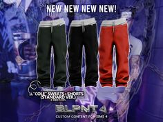 three different colored sweat pants with chains on the bottom, and one in red and black