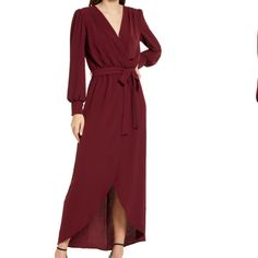 Pretty Burgundy Colored Faux Wrap Dress With Flutter Sleeves And A Tie Waist From Fraiche By J In Size Xl, New With Tags. Dress Is Lined To About Mid-Thigh. Retails For About $108. Elegant Winter Maxi Dress For Brunch, Fall Belted Maxi Dress For Date Night, Chic Burgundy Maxi Dress For Fall, Fall Brunch Belted Maxi Dress, Faux Wrap Dress For Date Night In Fall, Chic Faux Wrap Fall Dress, Chic Burgundy Long Sleeve Maxi Dress, Burgundy Long Sleeve Maxi Dress For Date Night, Chic Burgundy Maxi Dress