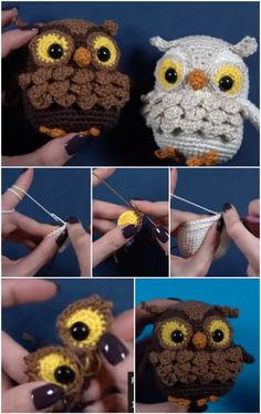 crocheted owl ornament being made with yarn and beads, including the eyes