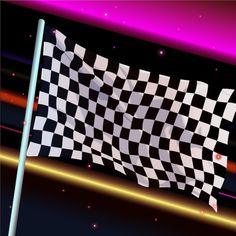 a black and white checkered flag flying in the air with stars behind it on a purple background