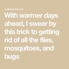 a quote that says with warmer days ahead, i swear by this trick to getting rid of all the flies, mosquitoes, and bugs