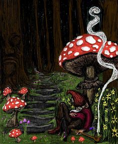 a drawing of a woman sitting in front of a mushroom