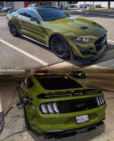 two different cars that are green and black