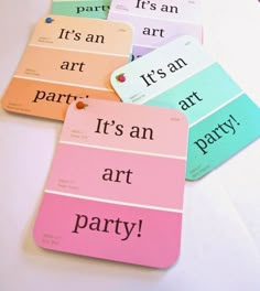 four tags with words on them that say it's an art party