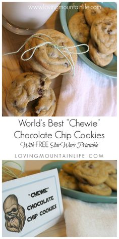 chocolate chip cookies on a plate with the words world's best chewie