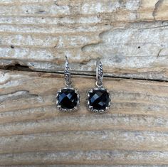 "Gorgeous Faceted black onyx earrings....1 1/8\" tall with ear wires by 1/2\" wide at the widest spot, cast and antiqued in sterling silver 925 with beautiful 10mm by 10mm checkerboard cut black onyx stones.. the ear wires were cast to match also in sterling silver 925...these are beautiful earrings" Elegant Black Oxidized Finish Earrings, Black Drop Earrings With Oxidized Finish, Black Faceted Earrings As A Gift, Faceted Black Earrings Gift, Elegant Black Faceted Earrings, Black Onyx Earrings, Beautiful Stones, Black Onyx Stone, Onyx Earrings