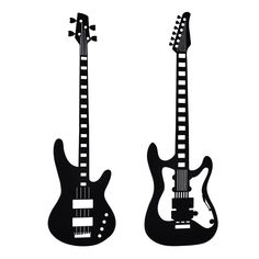 two guitars are shown in black and white