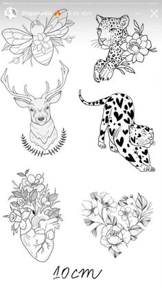 some animals and flowers on a white background with the word 10cm below it,