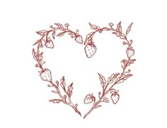 a heart shaped frame with strawberries and leaves on it's sides, drawn in red ink