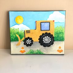 a painting of a yellow construction vehicle