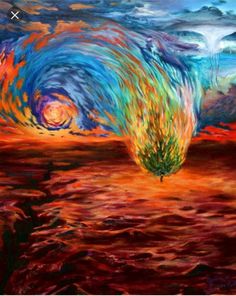 a painting of a tree in the middle of a field with an orange and blue swirl