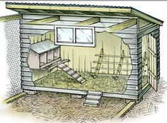 a drawing of a chicken coop with the door open and steps up to it's roof