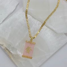 18K gold, stainless steel set with pink jade. wording written on pendant is “love” in the Chinese language Gold Rectangular Pendant Necklace For Valentine's Day, Pink Necklace With Gold Chain For Gift, Pink Gold Chain Jewelry For Gift, Pink Gold Chain Necklace For Gift, Pink Gold Chain Jewelry Gift, Pink Gold Plated Necklace For Valentine's Day, Pink Chain Necklaces For Gifts, Gold Chain Necklace With Rectangular Pendant For Gift, Chinese Necklace