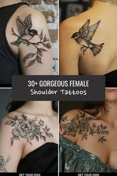 four different tattoos on the back of women's shoulders and shoulder, with flowers in them