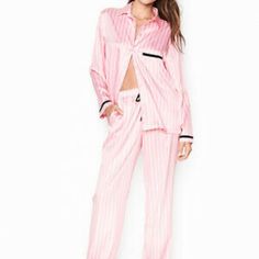 Victoria's Secret Size: Xs S M L New Without Tags, Middle Of Tag Cutout To Prevent Returns Iconic Pink And White Striped Satin After Hours Pj Set. Satin Pj Set, Lingerie Catalog, Satin Set, Peter Alexander, Striped Pyjamas, Satin Pyjama Set, How To Hem Pants, Satin Pajamas, Pajama Set Women