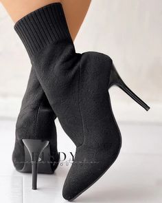 Fisdy - Botines de tacón de aguja con estampado de leopardo de alta calidad y tejido transpirable Boots Pattern, Classic Black Dress, Boots Patterns, Long Sleeve Evening Dresses, Socks And Heels, Chic Type, Estilo Chic, Heel Ankle Boots, Pointed Toe Heels