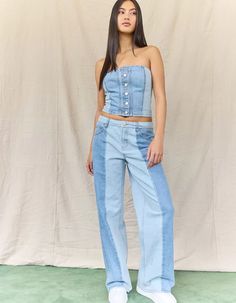 WEST OF MELROSE Womens Denim Tube Top - DENIM | Tillys Fitted Jeans With Buttons For Spring, Summer Light Wash Buttoned Jeans, Spring Jeans With Buttons In Denim Blue, Spring Denim Blue Jeans With Buttons, Blue Jeans With Buttons For Spring, Summer Cotton Jeans With Buttons, Denim Tube Top, Short Tank Top, Womens Denim