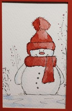 a drawing of a snowman wearing a red hat and scarf