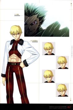 an anime character with blonde hair and red pants