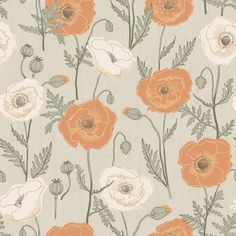 an orange and white flower pattern on a light blue wallpaper with green leaves and flowers