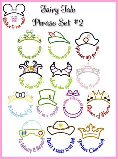 the disney princess set is shown in different colors and font options for each character's name