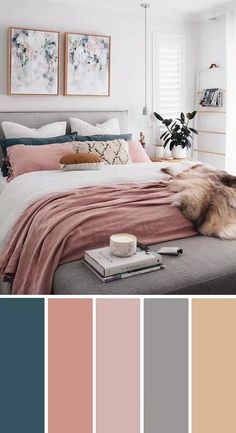 a bedroom with pink and grey colors