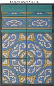 an artistic tile design in blue, yellow and green with the words concept board m r16