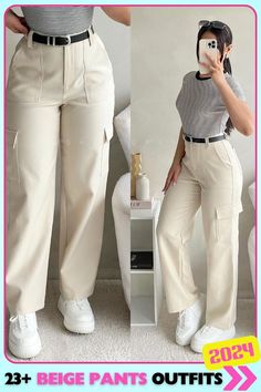 Beige cargo pants with a casual top for an effortlessly cool and rugged look. The pockets add edge, while the neutral tones keep it sleek and trendy, perfect for a day of running errands. What To Wear With Beige Pants, Beige Slacks Outfit Women, How To Style Beige Cargo Pants, Beige Jeans Outfit, Beige Cargo Pants Outfit, Knit Pants Outfit, Colored Pants Outfits