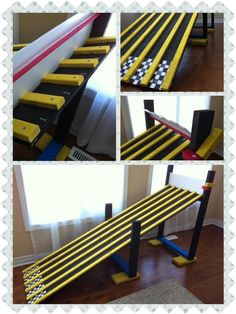 four pictures of different types of stairs and railings in various stages of construction, including one being used as a bed frame