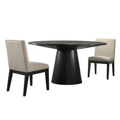 a round table with two chairs and a black base on the bottom, in front of a white background