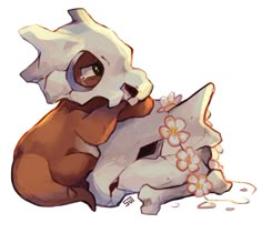 an animal that is laying down with flowers on it's back and its head in the air