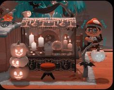 a cartoon character is standing in front of a fireplace with pumpkins and candles on it