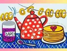 a painting of a tea kettle and stack of pancakes next to a jar of jam