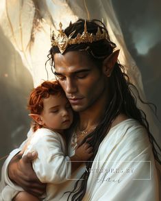 a painting of a man holding a child wearing a crown on top of his head