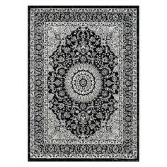 a black and white rug with an intricate design on the center, in front of a white background