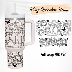 the full wrap is designed with sunflowers, butterflies and mugs on it