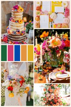 a collage of photos with different colors and flowers on them, including cake, flower arrangements, menus, and other items