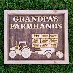 "Celebrate the memories made with Grandpa on his Farm with our adorable \"Grandpa's Farmhands\" sign! Perfect for a Birthday, Grandparents Day, or Father's Day gift. Also add birthdays at no extra charge so that Papa can easily keep track of the growing family! We are happy to customize the Grandpa text. We can change it to Papa, Pawpaw, Poppy, Dad, Abuelo, Granddad, Gramps, Grandpappy, or any name you would like.   Perfect for large families! We can add up to two lines to each bale. This means Grandpa Christmas Gifts, Country Family, Grandpa Christmas, Farm Kids, Large Families, Farm Gifts, Diy Cnc, Hay Bales, Gift For Grandpa