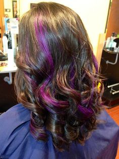 Peekaboo Highlights For Brown Hair, Purple Peekaboo Highlights, Purple Highlights Brown Hair, Purple Hair Streaks, Highlights For Brown Hair, Peekaboo Highlights, Hair Color Chart, Hair Streaks, Redwood City