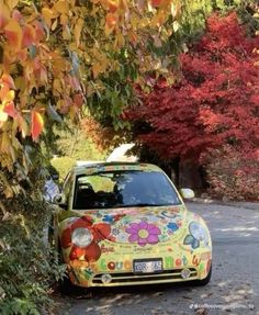 a colorful car is parked on the side of the road in front of some trees