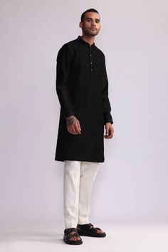 Black chanderi kurta with threadwork patterns on an pintucked base. Comes with pant. - Aza Fashions Contour Line, Kurta With Pants, Pants Pattern, Pin Tucks, Mandarin Collar, Aza Fashion, Black Men, Mens Pants, Types Of Sleeves