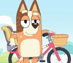 a cartoon dog riding a bike with a basket on it's handlebars