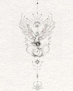 a drawing of a bird with wings on it's back and an ornate design in the middle