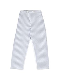 blue/white cotton vertical stripe pattern straight leg elasticated waistband front button fastening Striped Trousers, Baby Boy Pants, Trousers White, Look Older, Straight Leg Trousers, Boy Blue, Baby Boy Outfits, Stripes Pattern, White Cotton