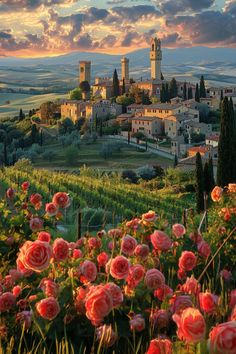 an image of a beautiful landscape with flowers in the foreground