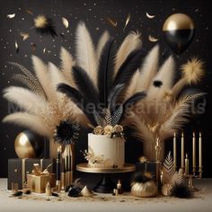 a cake surrounded by black and gold decorations