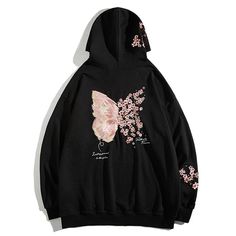 Cotton hoodie, rib knit crewneck/hem/cuffs, drawstring at hood, kangaroo pocket, text embroidered at front and back, beautifully embroidered butterfly at back and cherry blossoms throughout. Composition - 100% Cotton Sizing: Asian Size Size Up 1 Sizes For US/EU Regular Fit Size Up 2 Sizes For US/EU Oversized Fit Model: 180cm/65kg 5’11/143lbs wearing size 2XL Care instructions: Material will feel firm upon arrival due to intricate embroidery. After a few washes with fabric softener in a cold cycl Cherry Blossom Butterfly, Butterfly Hoodie, Japanese Hoodie, Sports Sweatshirt, Embroidery Hoodie, Baby Tees Y2k, Sport Sweater, Embroidered Butterfly, Casual Evening