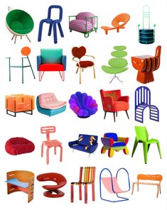 many different types of chairs and tables are shown in this image with the same color scheme