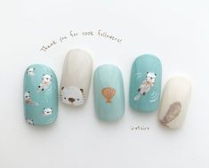 Otter Nails, Nail Designs Gel, Kawaii Nail Art, Nails Hand Painted, Sea Nails, Animal Nail Art, Korean Nail Art, Finger Nail Art